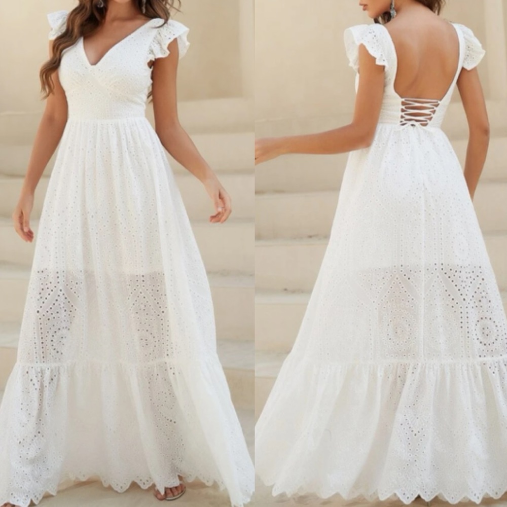 Boho white lace up back maxi dress - Picture 2 of 4